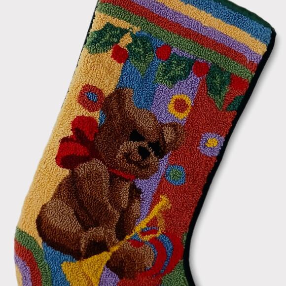 Wool Punch Needle Christmas Stocking Teddy Bear-Horn-Baby Vintage - Picture 3 of 6